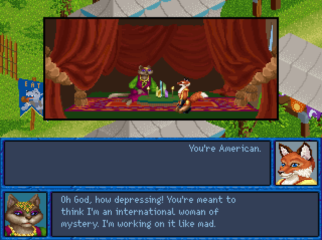 RIF: You're American. FORTUNE TELLER: Oh God, how depressing! You're meant to think I'm an international woman of mystery. I'm working on it like mad.