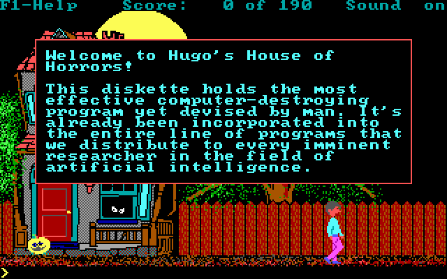 WELCOME SCREEN: This diskette holds the most effective computer-destroying program yet devised by man. It's already been incorporated into the entire line of programs that we distribute to every imminent researcher in the field of artificial intelligence.