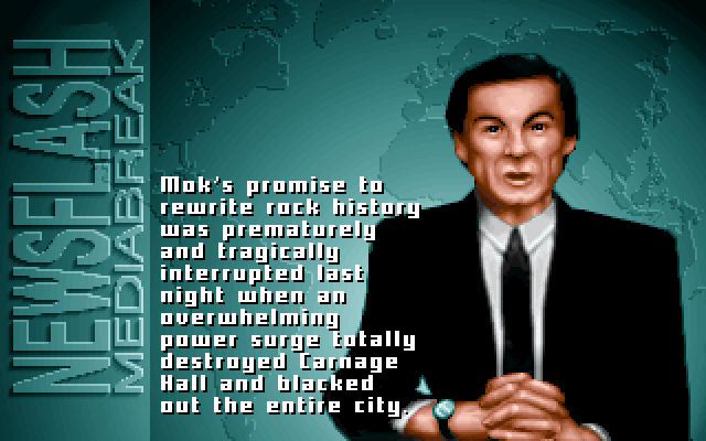 CASEY: Mok's promise to rewrite rock history was prematurely and tragically interrupted last night when an overwhelming power surge totally destroyed Carnage Hall and blacked out the entire city.