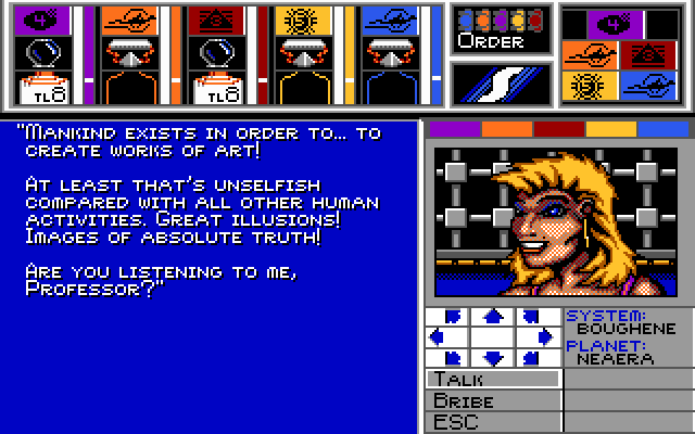 TRAVELLER'S AIDE SOCIETY REPRESENTATIVE: Mankind exists in order to... to create works of art! At least that's unselfish compared with all other human activities. Great illusions! Images of absolute truth! Are you listening to me, Professor?