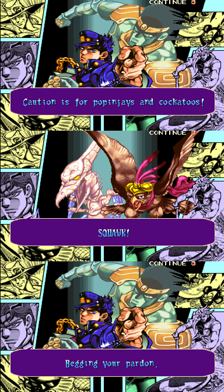 JOTARO KUJO: Caution is for popinjays and cockatoos! PET SHOT: SQUAWK! JOTARO KUJO: Begging your pardon.