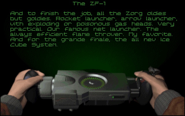 And to finish the job, all the Zorg oldies but goldies. Rocket launcher, arrow launcher, with exploding or poisonous gas heads. Very practical. Our famous net launcher. The always efficient flame thrower. My favorite. And for the grande finale, the all new Ice Cube System.