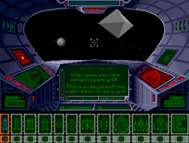 ROCKET DRONE: Video game warriors escaping game grid! This is an illegal exit! You must return to game grid.