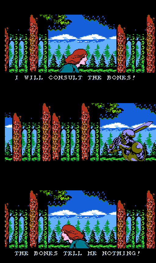 THONOLAN: I will consult the bones! SKELETON: (Looms with sword.) THONOLAN: The bones tell me nothing!